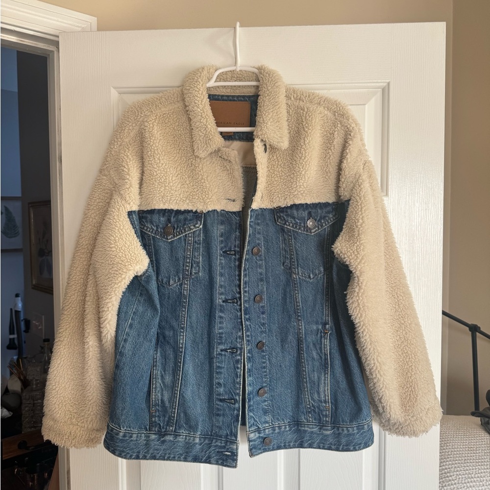 American Eagle Outfitters Blue Denim Jacket with Cream Sherpa